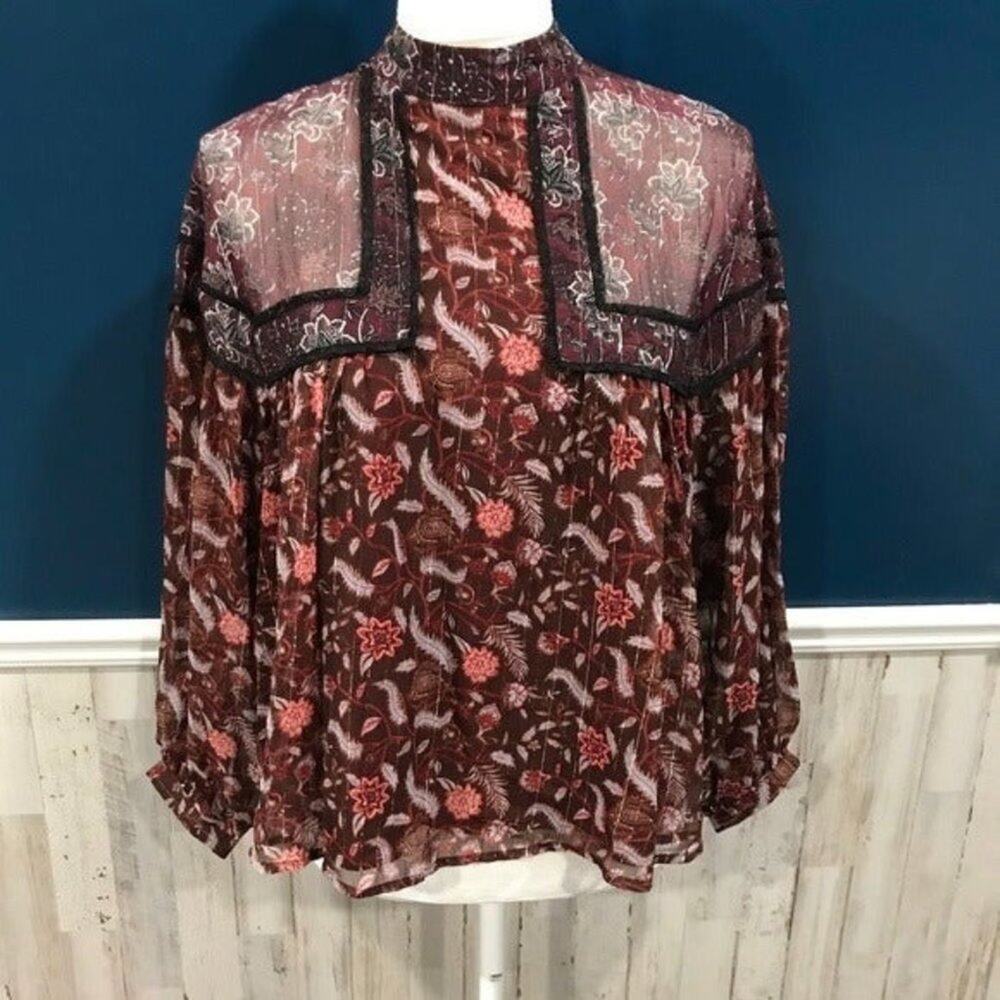 Zara Mock Neck Red Floral Sheer Top